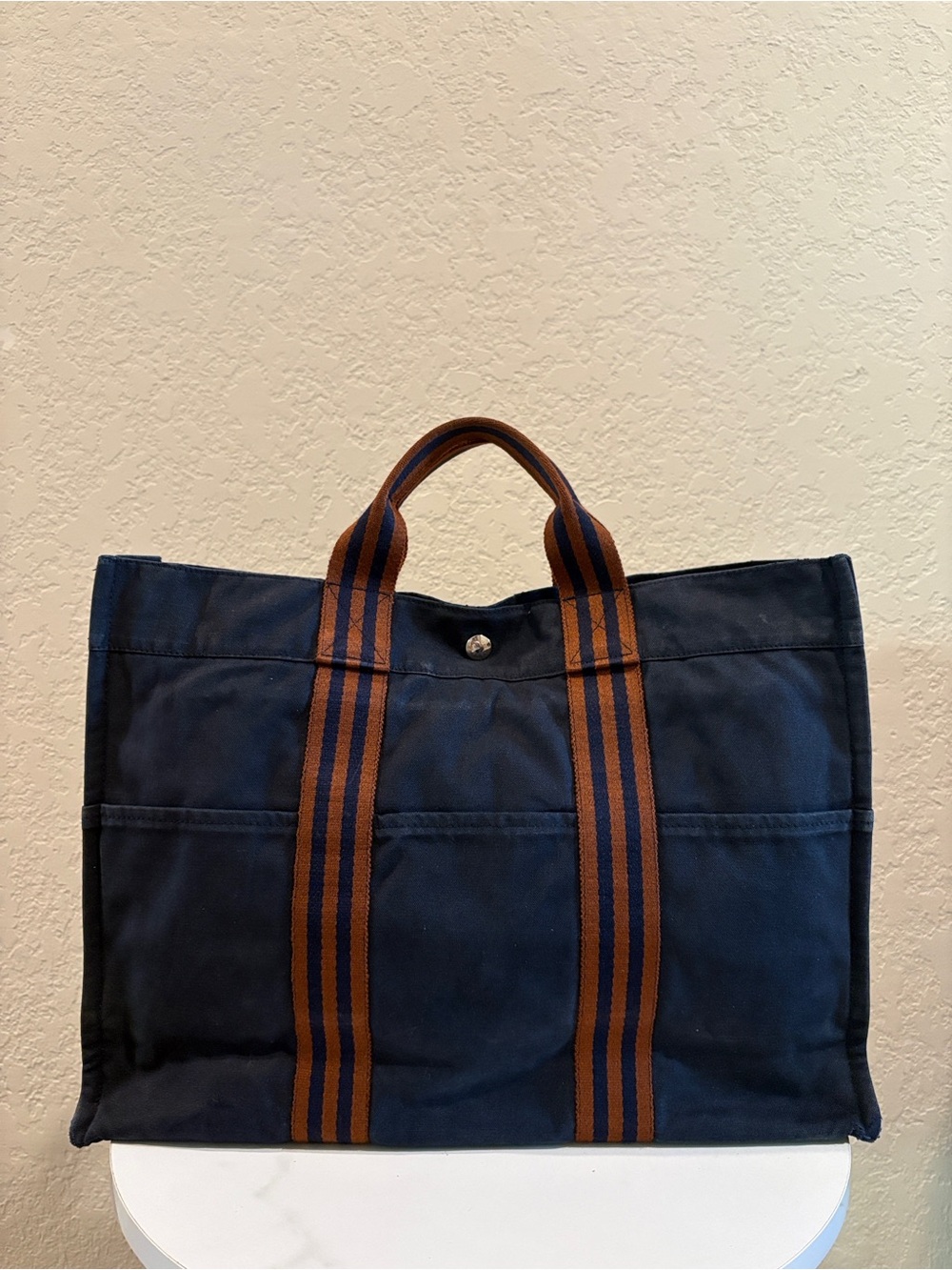 Hermes 12x17" Navy Blue Canvas Tote Bag